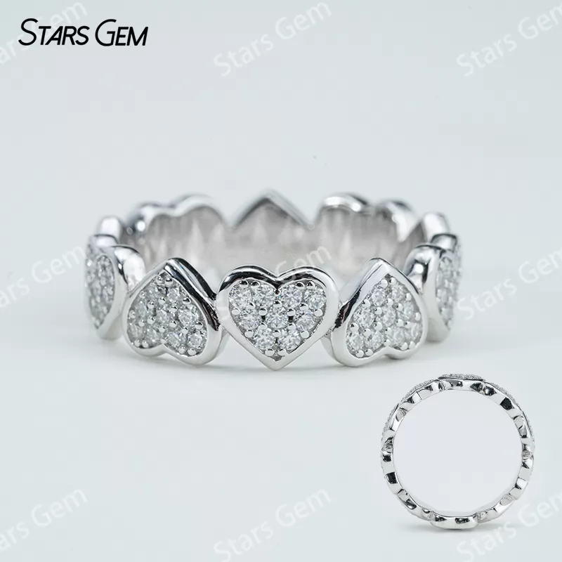 1mm Round Brilliant Cut Moissanite S925 Sterling Silver Heart Shape Design Diamond Eternity Ring