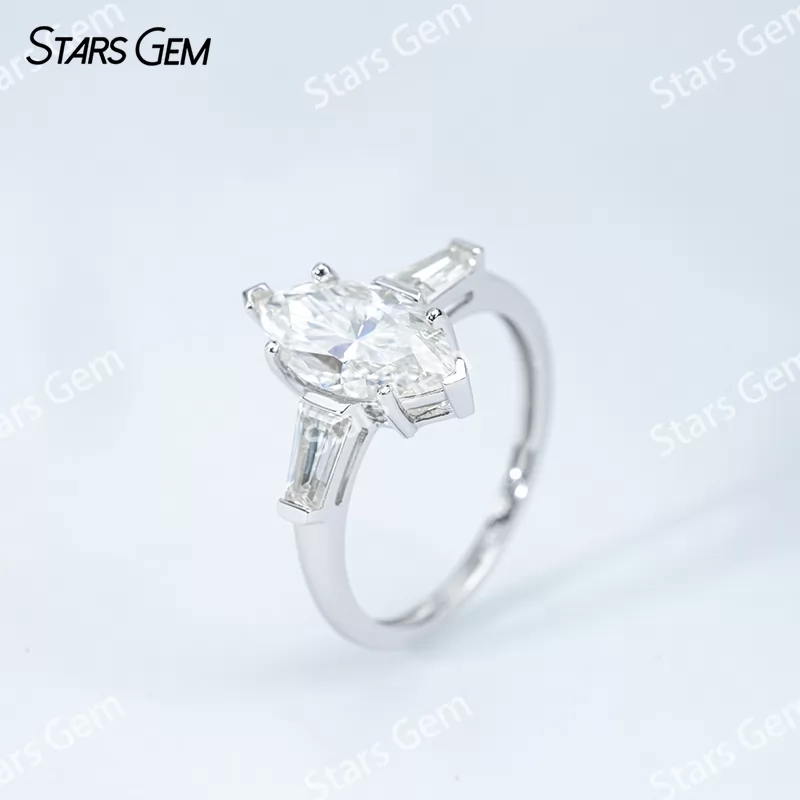 6×12mm Marquise Cut Moissanite S925 Sterling Silver Three Stone Engagement Ring