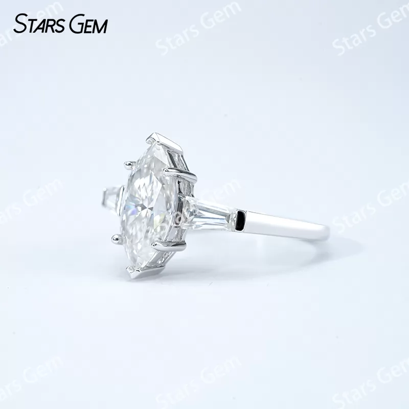 6×12mm Marquise Cut Moissanite S925 Sterling Silver Three Stone Engagement Ring