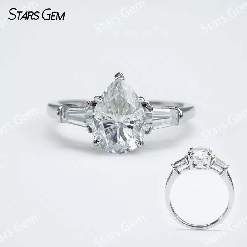 7×​9mm Pear Cut Moissanite S925 Sterling Silver Three Stone Engagement Ring