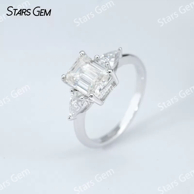 6×8mm Octagon Emerald Cut Moissanite S925 Sterling Silver Three Stone Engagement Ring