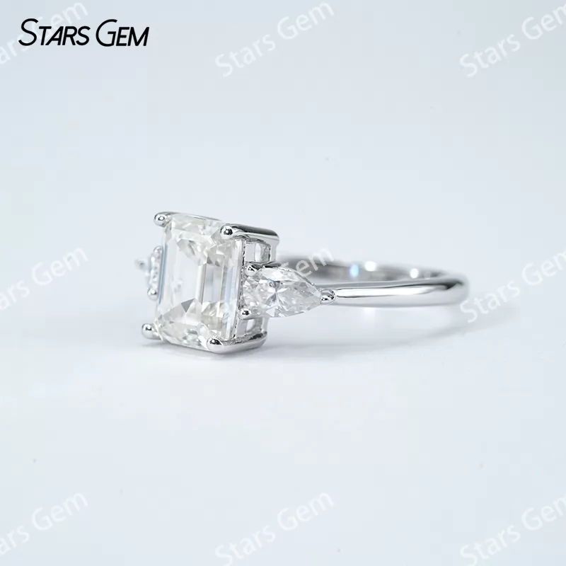 6×8mm Octagon Emerald Cut Moissanite S925 Sterling Silver Three Stone Engagement Ring