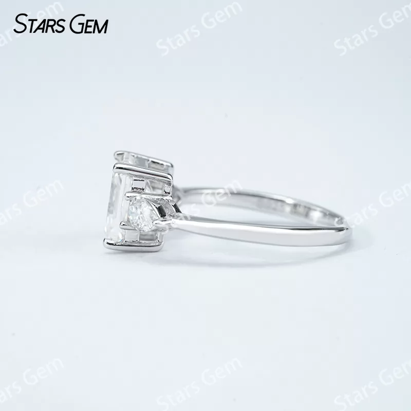 6×8mm Octagon Emerald Cut Moissanite S925 Sterling Silver Three Stone Engagement Ring
