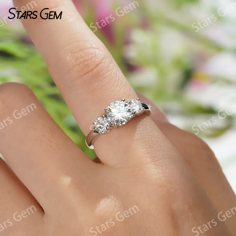 6.5mm Round Brilliant Cut Moissanite S925 Sterling Silver Three Stone Engagement Ring