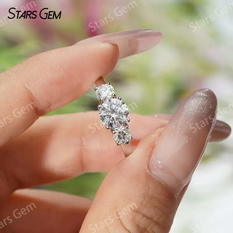 6.5mm Round Brilliant Cut Moissanite S925 Sterling Silver Three Stone Engagement Ring