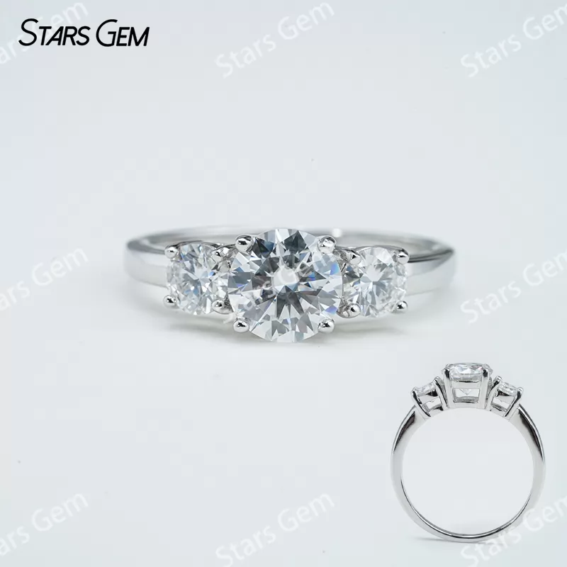 6.5mm Round Brilliant Cut Moissanite S925 Sterling Silver Three Stone Engagement Ring