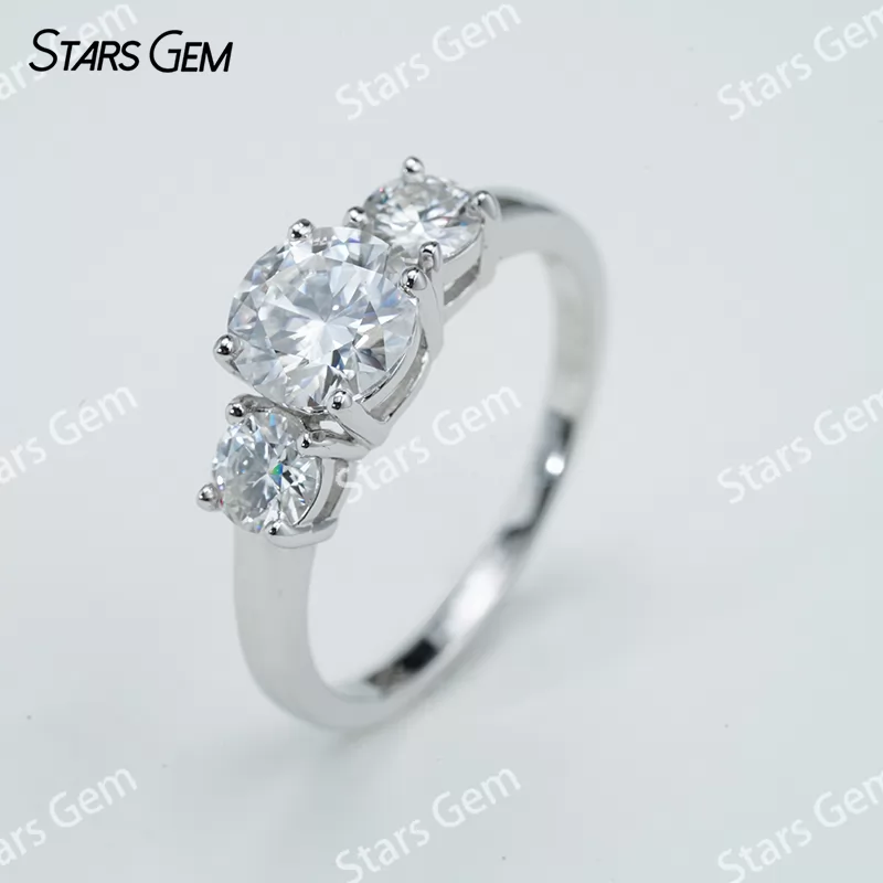 6.5mm Round Brilliant Cut Moissanite S925 Sterling Silver Three Stone Engagement Ring