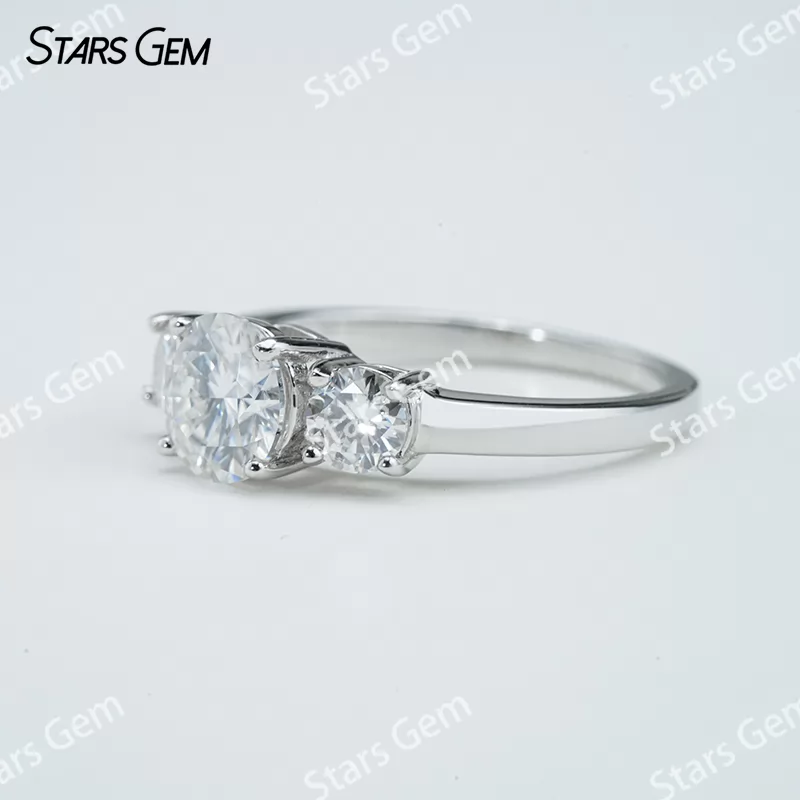 6.5mm Round Brilliant Cut Moissanite S925 Sterling Silver Three Stone Engagement Ring