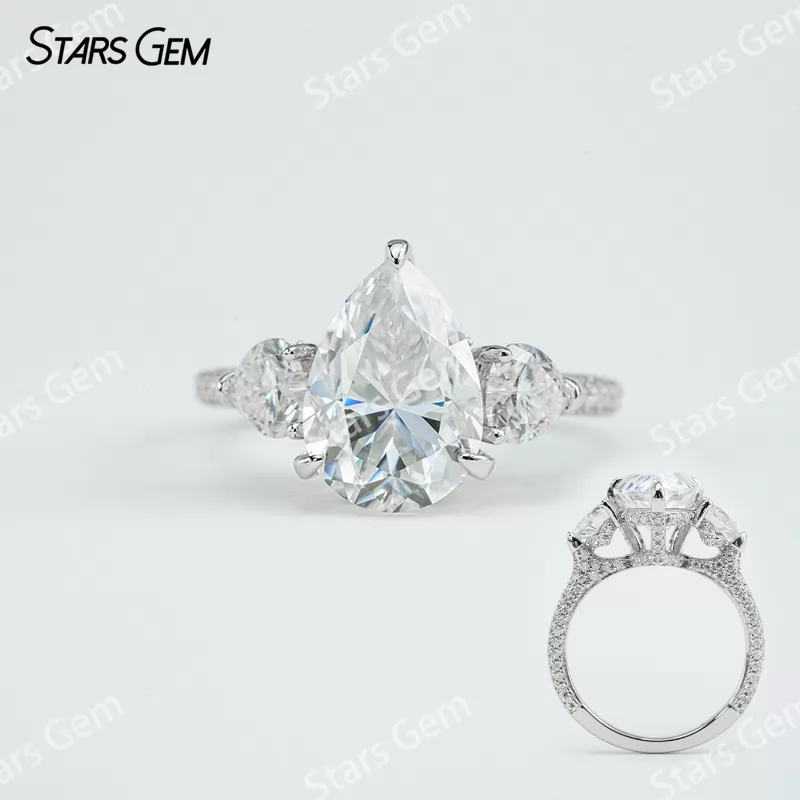 9×​13mm Pear Cut Moissanite S925 Sterling Silver Three Stone Engagement Ring