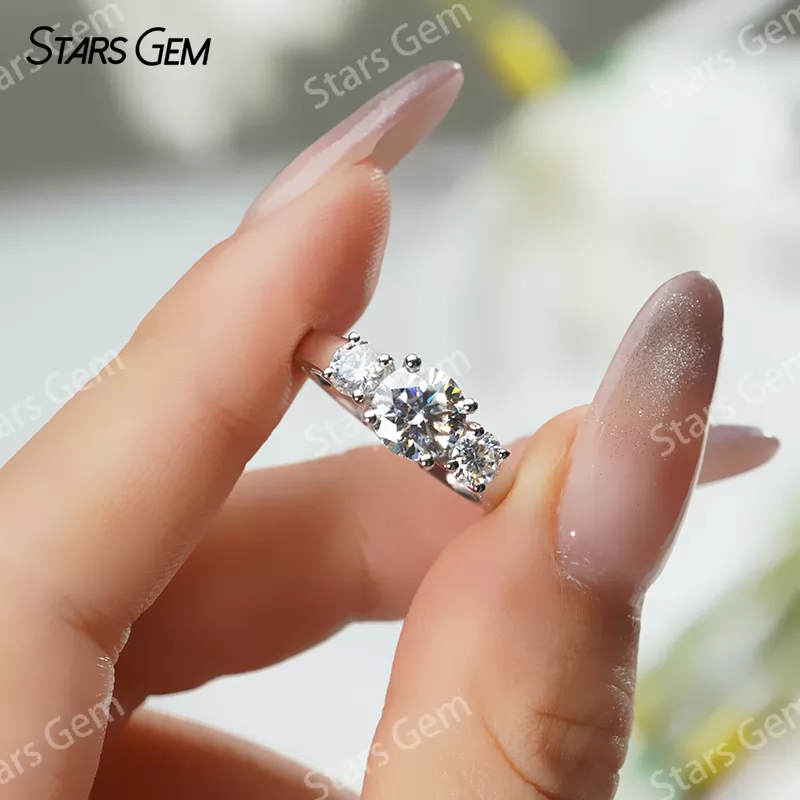 6.5mm Round Brilliant Cut Moissanite S925 Sterling Silver Three Stone Engagement Ring