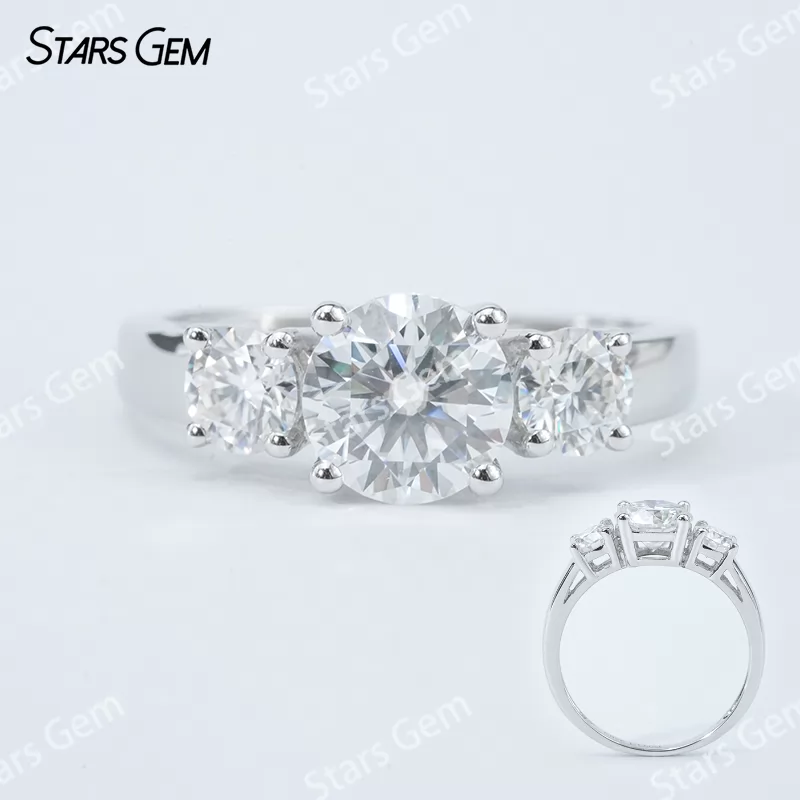 6.5mm Round Brilliant Cut Moissanite S925 Sterling Silver Three Stone Engagement Ring