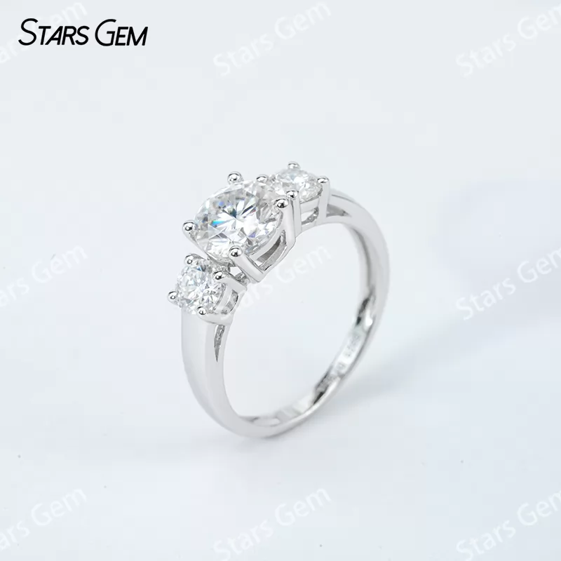 6.5mm Round Brilliant Cut Moissanite S925 Sterling Silver Three Stone Engagement Ring