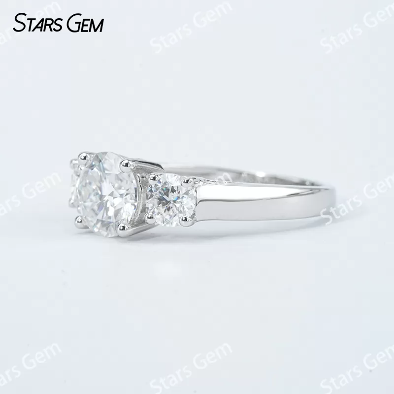 6.5mm Round Brilliant Cut Moissanite S925 Sterling Silver Three Stone Engagement Ring