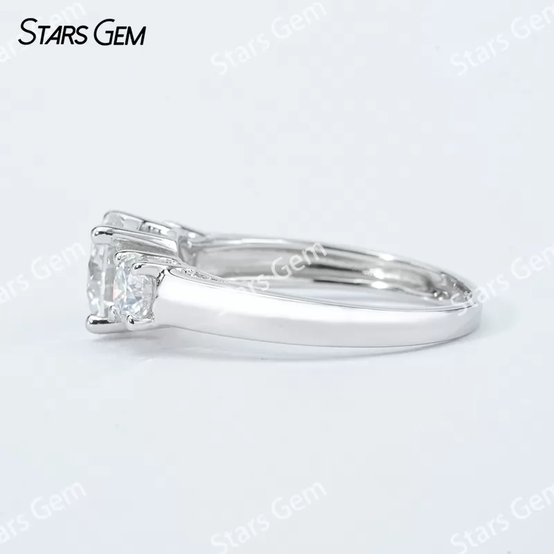 6.5mm Round Brilliant Cut Moissanite S925 Sterling Silver Three Stone Engagement Ring