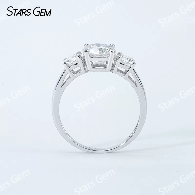 6.5mm Round Brilliant Cut Moissanite S925 Sterling Silver Three Stone Engagement Ring
