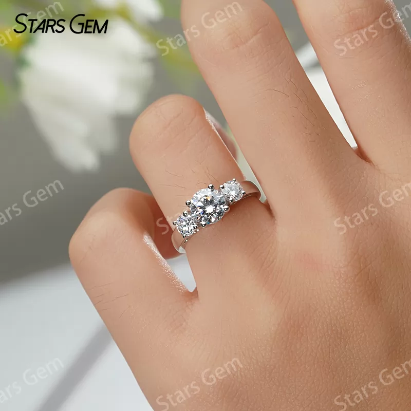 6.5mm Round Brilliant Cut Moissanite S925 Sterling Silver Three Stone Engagement Ring