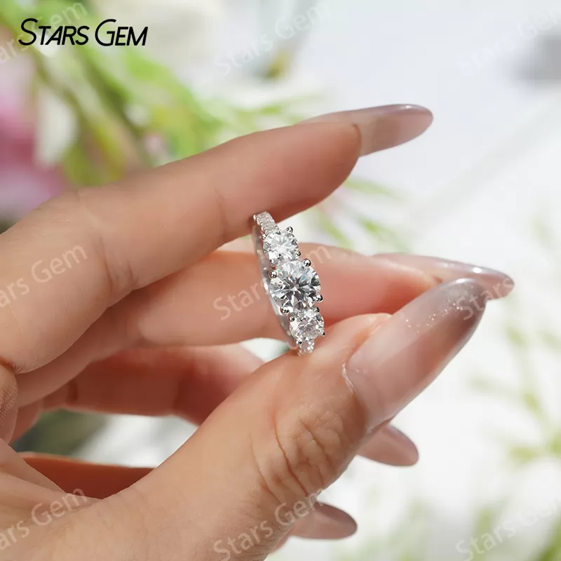 6.5mm Round Brilliant Cut Moissanite S925 Sterling Silver Three Stone Engagement Ring