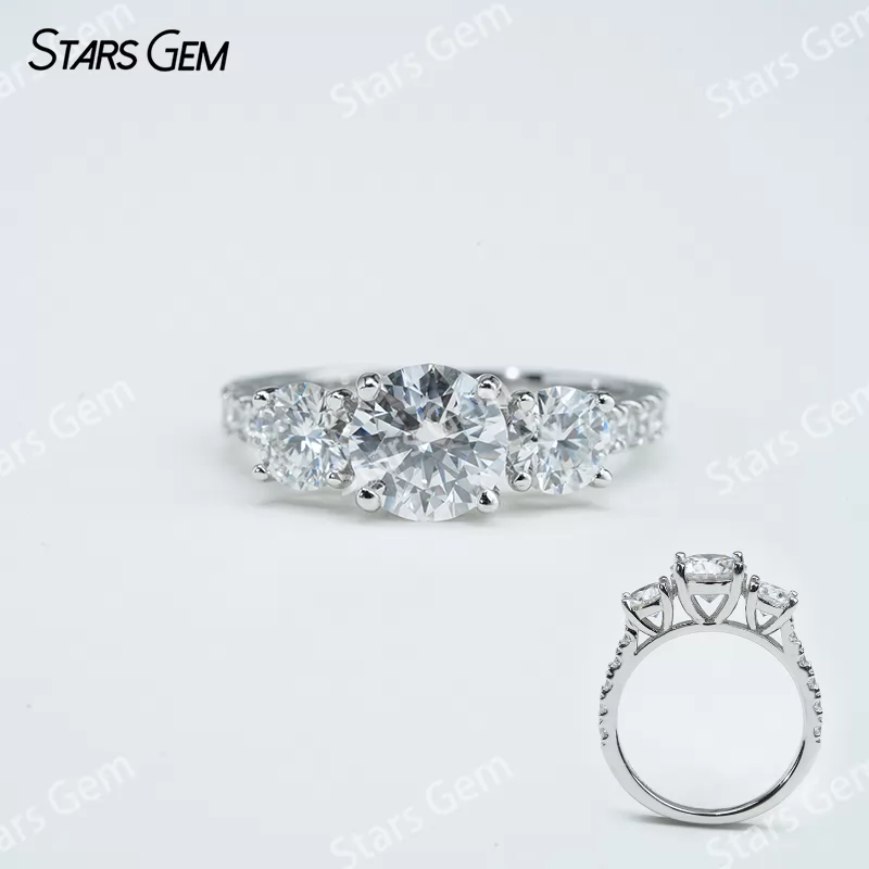 6.5mm Round Brilliant Cut Moissanite S925 Sterling Silver Three Stone Engagement Ring