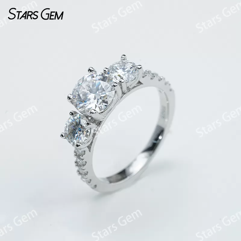 6.5mm Round Brilliant Cut Moissanite S925 Sterling Silver Three Stone Engagement Ring