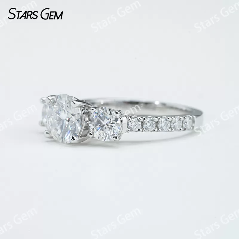 6.5mm Round Brilliant Cut Moissanite S925 Sterling Silver Three Stone Engagement Ring
