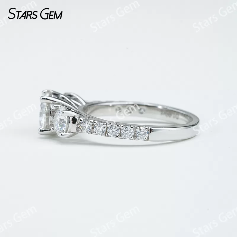 6.5mm Round Brilliant Cut Moissanite S925 Sterling Silver Three Stone Engagement Ring