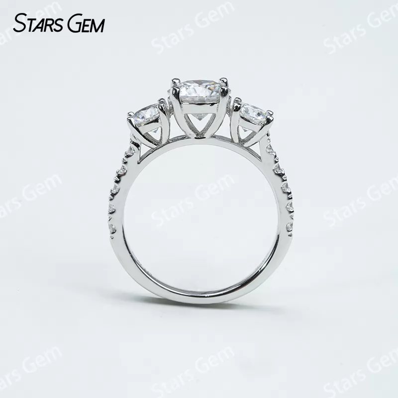 6.5mm Round Brilliant Cut Moissanite S925 Sterling Silver Three Stone Engagement Ring