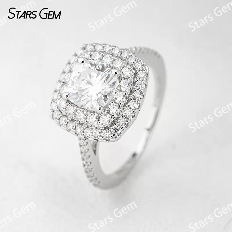 6.5×6.5mm Cushion Cut Moissanite S925 Sterling Silver Halo Engagement Ring