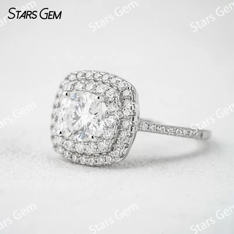 6.5×6.5mm Cushion Cut Moissanite S925 Sterling Silver Halo Engagement Ring