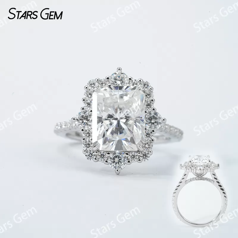 8×10mm Radiant Cut Moissanite S925 Sterling Silver Halo Engagement Ring
