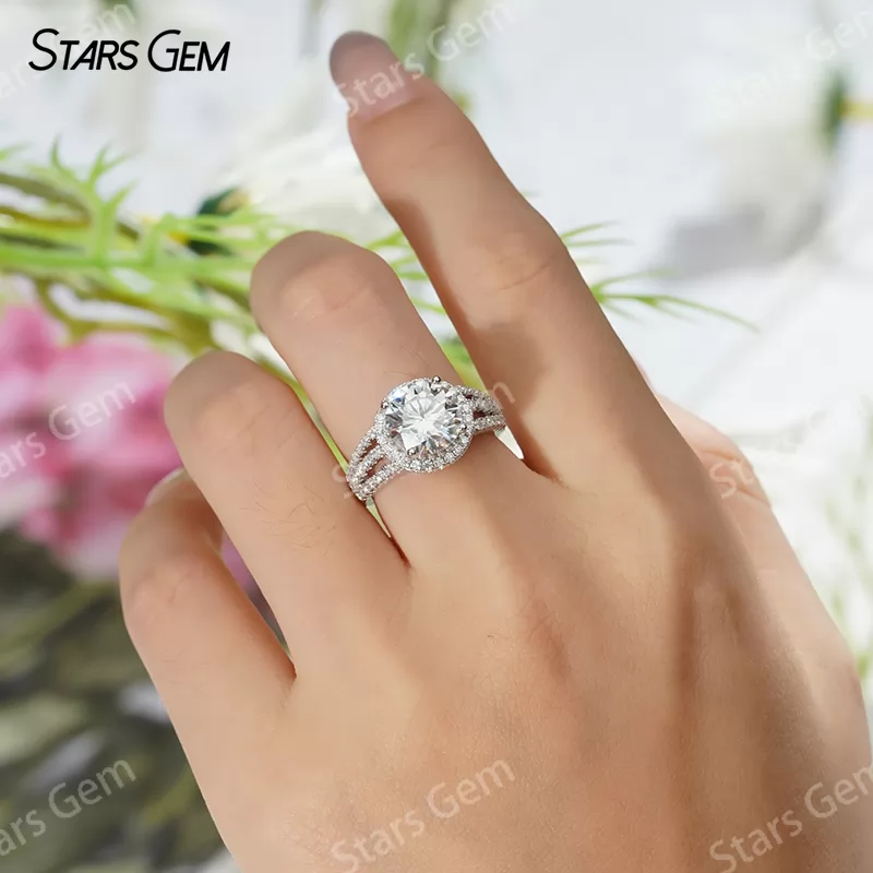 9mm Round Brilliant Cut Moissanite S925 Sterling Silver Halo Engagement Ring