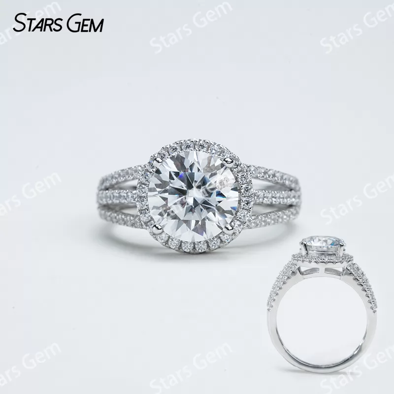 9mm Round Brilliant Cut Moissanite S925 Sterling Silver Halo Engagement Ring