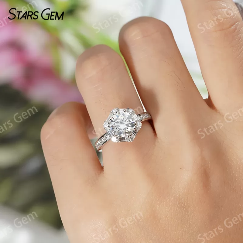 7.5mm Round Brilliant Cut Moissanite S925 Sterling Silver Halo Engagement Ring