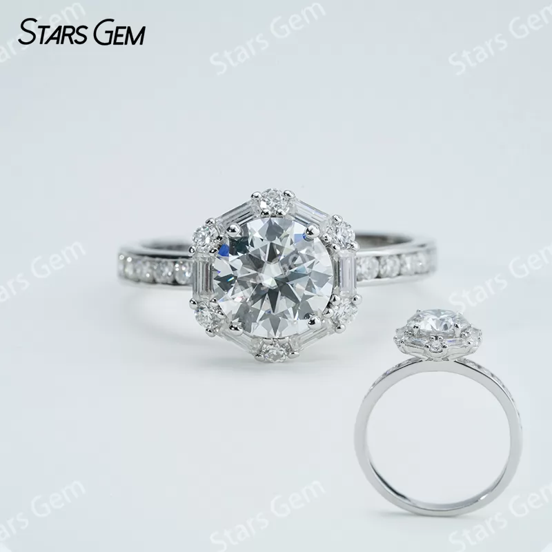 7.5mm Round Brilliant Cut Moissanite S925 Sterling Silver Halo Engagement Ring