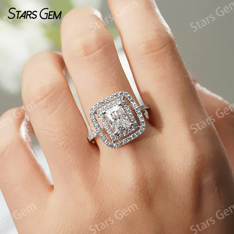 6×8mm Radiant Cut Moissanite S925 Sterling Silver Halo Engagement Ring