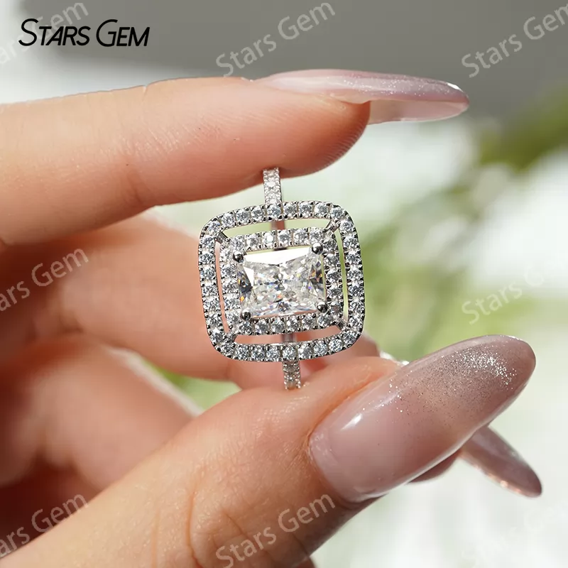 6×8mm Radiant Cut Moissanite S925 Sterling Silver Halo Engagement Ring