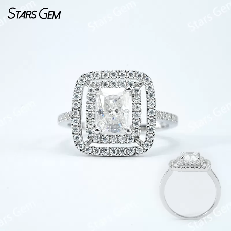 6×8mm Radiant Cut Moissanite S925 Sterling Silver Halo Engagement Ring