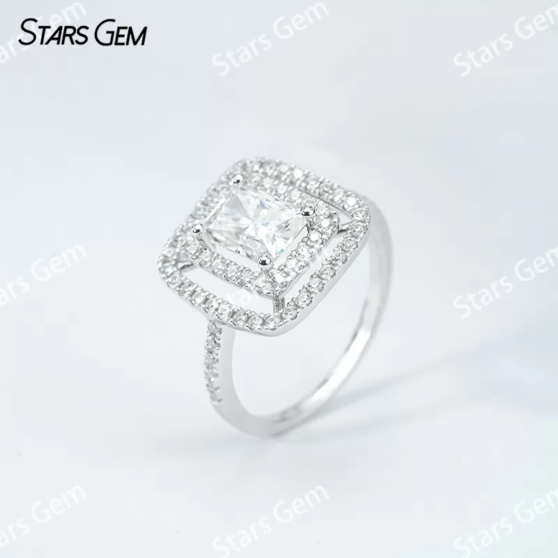 6×8mm Radiant Cut Moissanite S925 Sterling Silver Halo Engagement Ring
