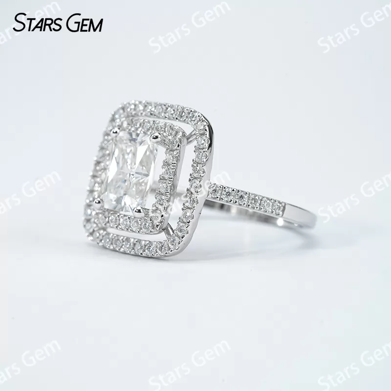 6×8mm Radiant Cut Moissanite S925 Sterling Silver Halo Engagement Ring