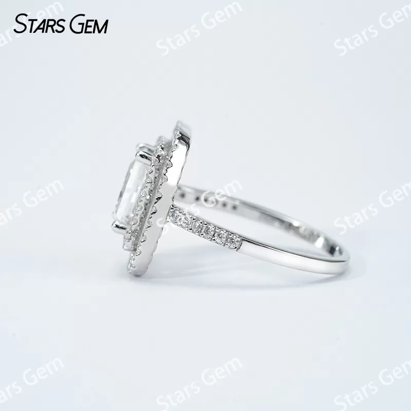 6×8mm Radiant Cut Moissanite S925 Sterling Silver Halo Engagement Ring