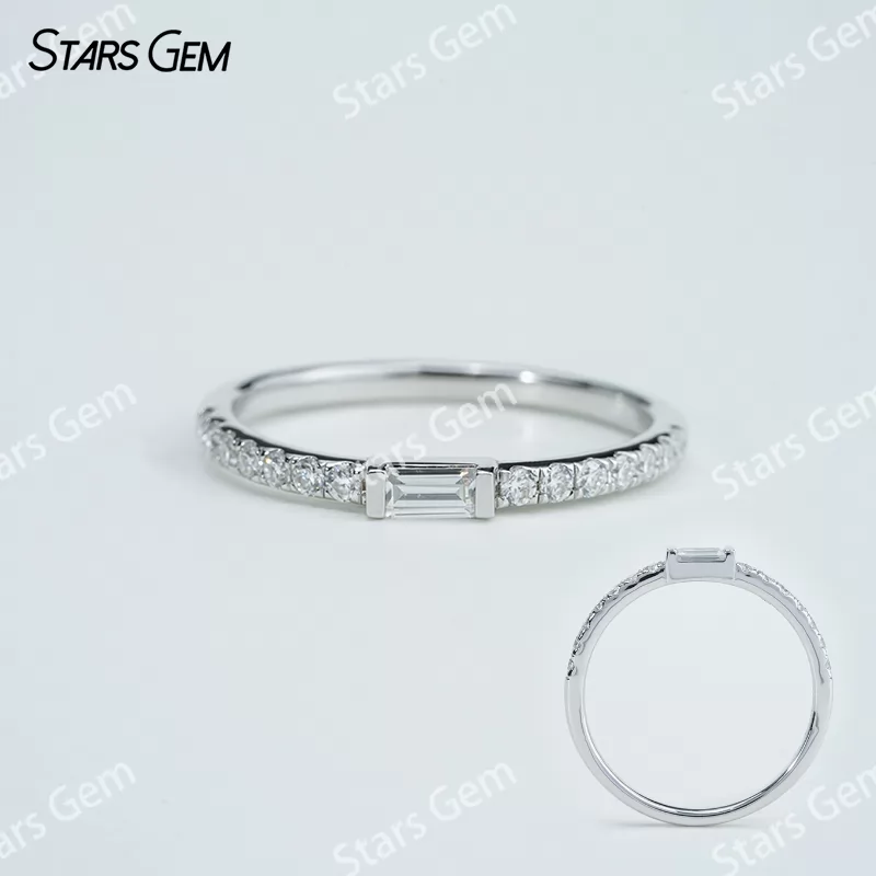 2×4mm Baguette Step Cut Moissanite S925 Sterling Silver Pave Engagement Ring