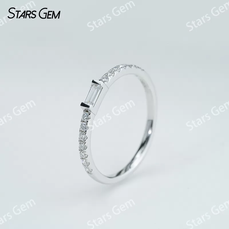 2×4mm Baguette Step Cut Moissanite S925 Sterling Silver Pave Engagement Ring