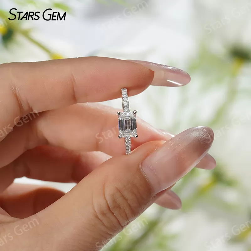 5×7mm Octagon Emerald Cut Moissanite S925 Sterling Silver Pave Engagement Ring