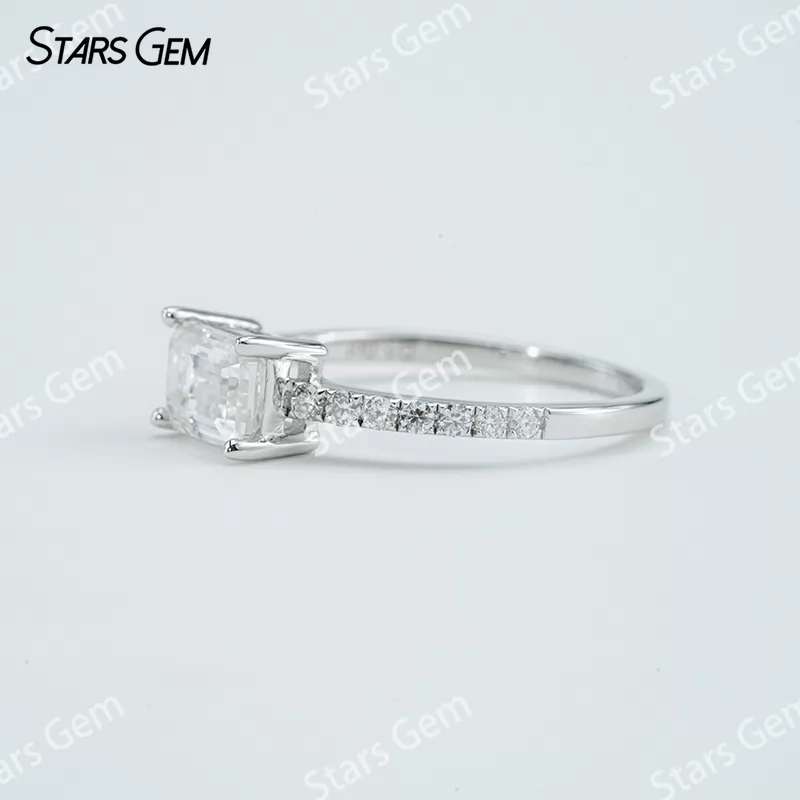 5×7mm Octagon Emerald Cut Moissanite S925 Sterling Silver Pave Engagement Ring