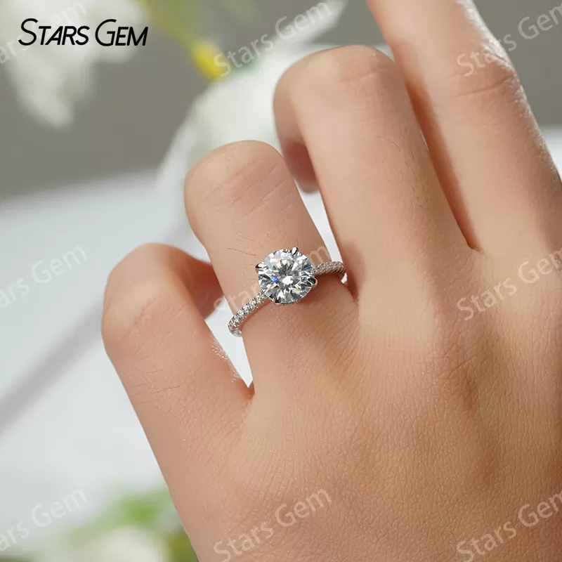 6.5mm & 8mm & 9mm & 10mm Round Brilliant Cut Moissanite S925 Sterling Silver Pave Engagement Ring