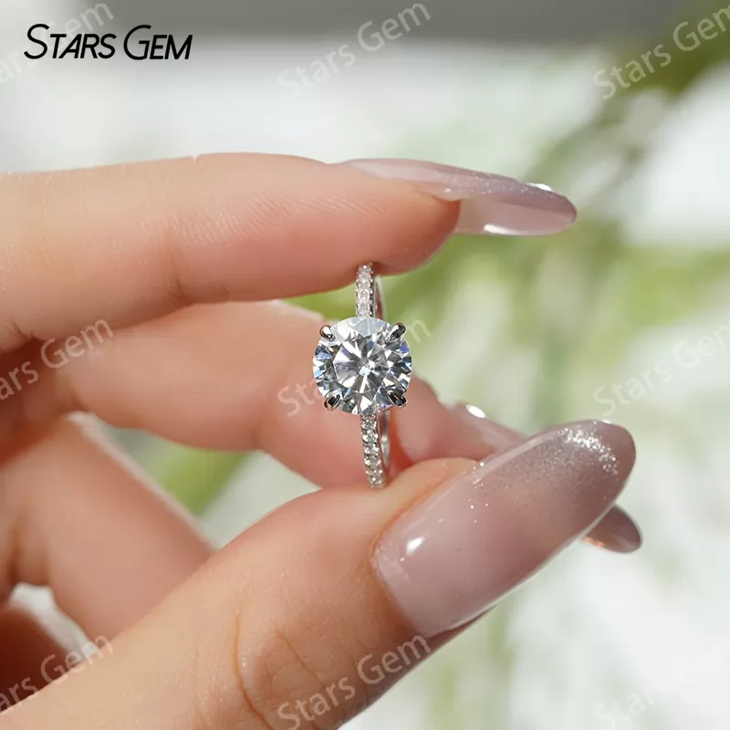 6.5mm & 8mm & 9mm & 10mm Round Brilliant Cut Moissanite S925 Sterling Silver Pave Engagement Ring