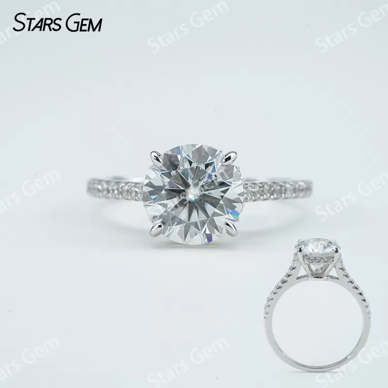 6.5mm & 8mm & 9mm & 10mm Round Brilliant Cut Moissanite S925 Sterling Silver Pave Engagement Ring