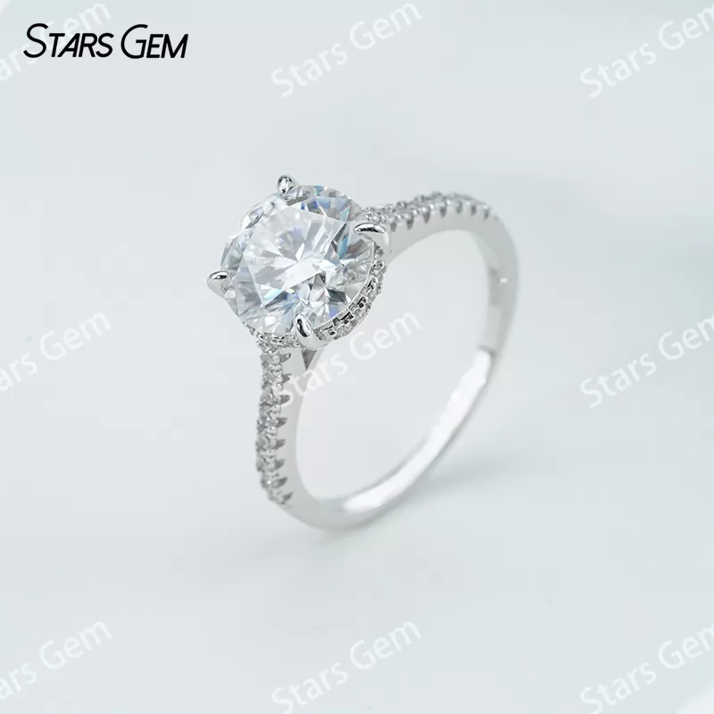 6.5mm & 8mm & 9mm & 10mm Round Brilliant Cut Moissanite S925 Sterling Silver Pave Engagement Ring