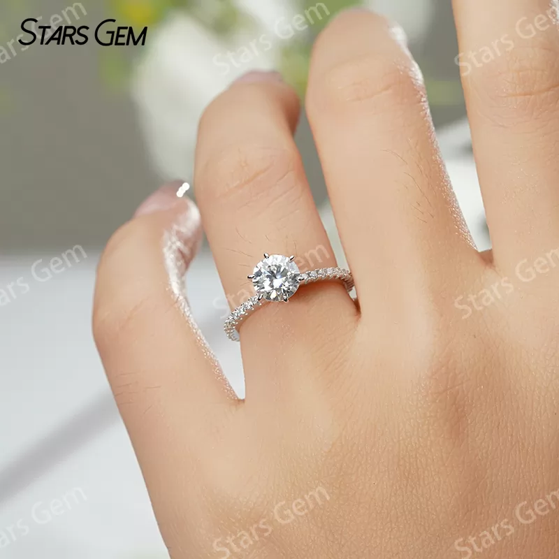 6.5mm Round Brilliant Cut Moissanite S925 Sterling Silver Pave Engagement Ring