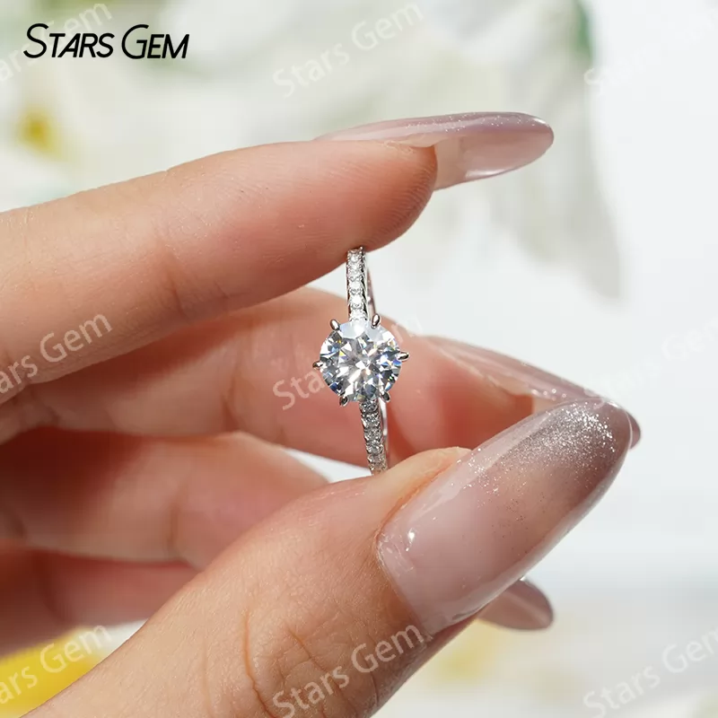 6.5mm Round Brilliant Cut Moissanite S925 Sterling Silver Pave Engagement Ring