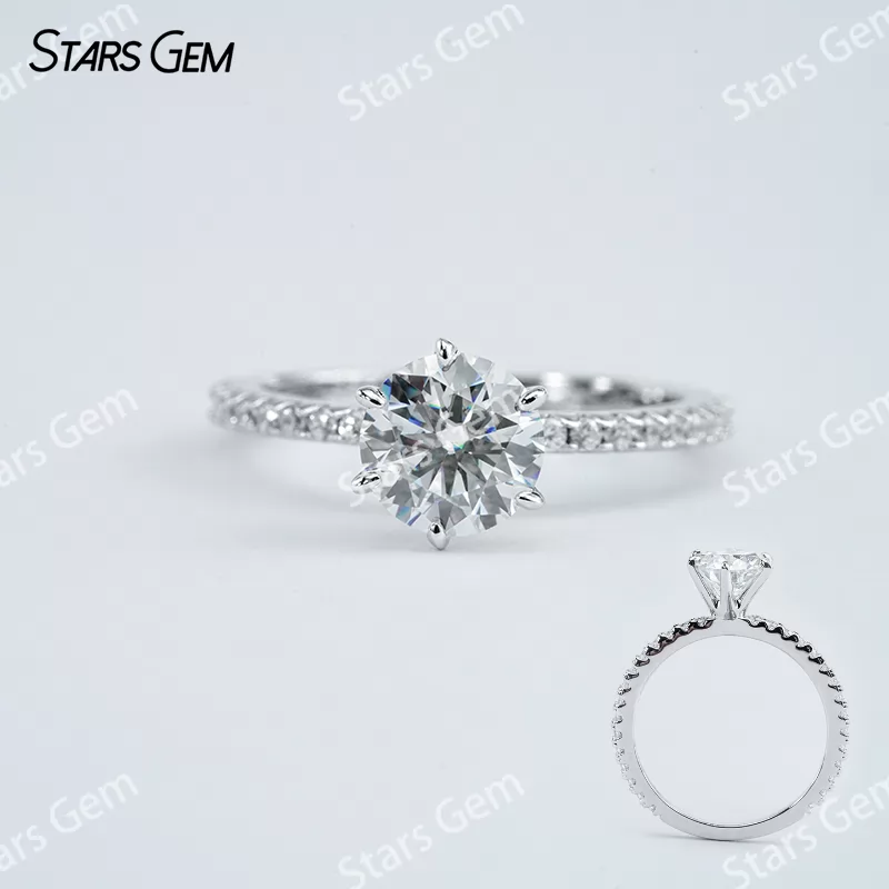 6.5mm Round Brilliant Cut Moissanite S925 Sterling Silver Pave Engagement Ring